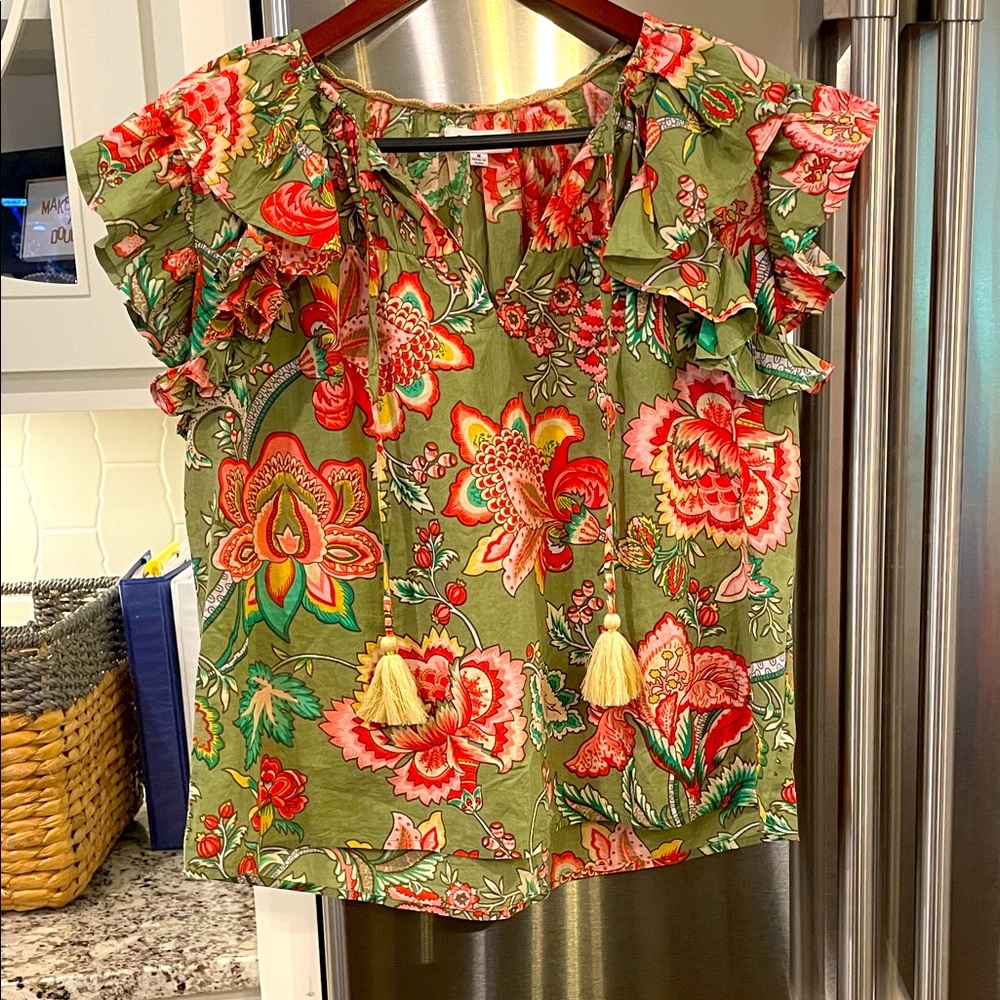 THML Floral Ruffle Sleeve Blouse - Olive and Coral